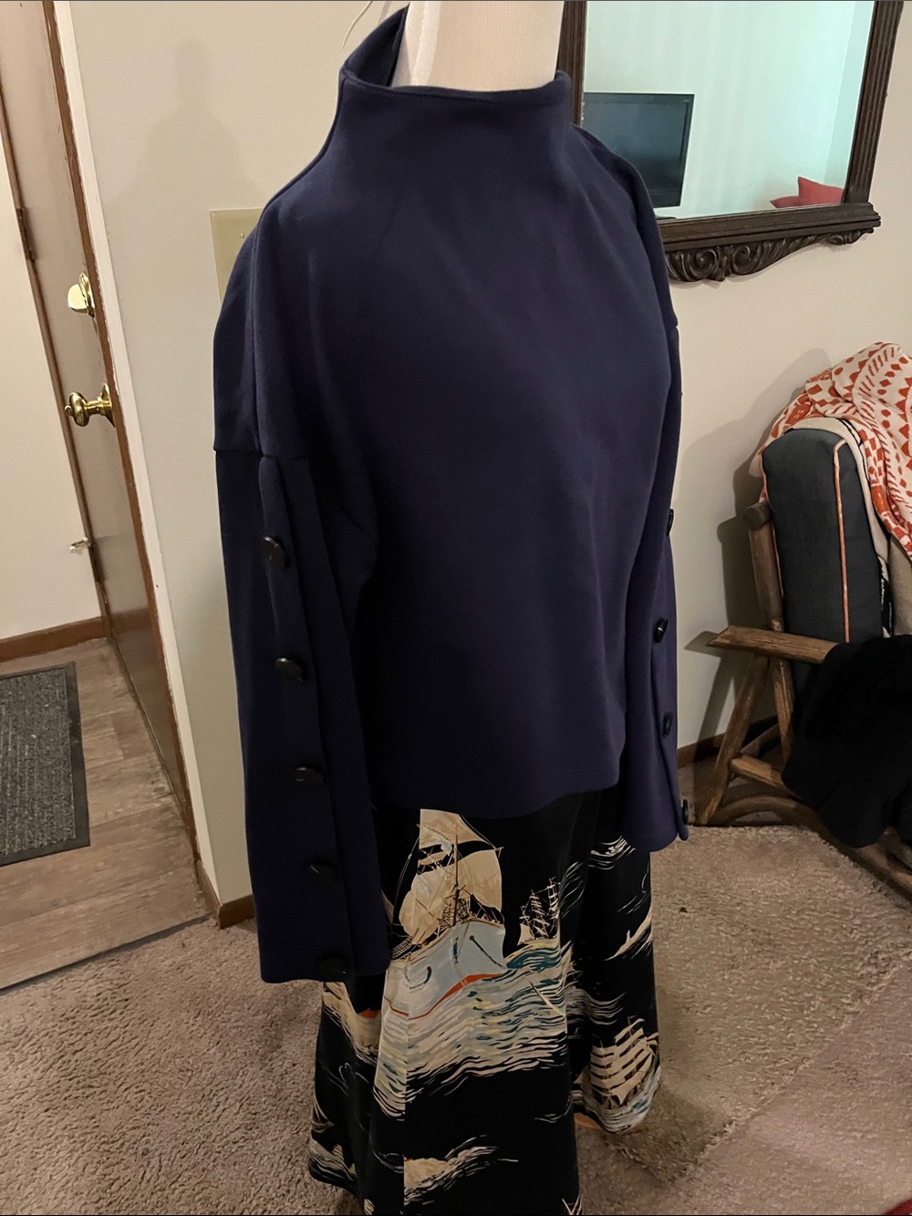 Navy Button-Sleeve Women's mock neck sweatshirt